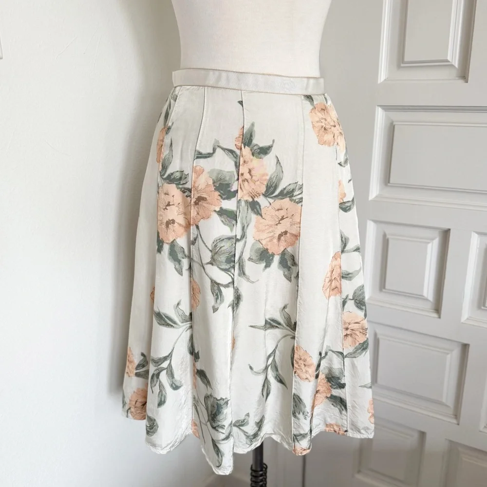 MNG Mango Peach & Green Floral Cream A-line Skirt Size 8
